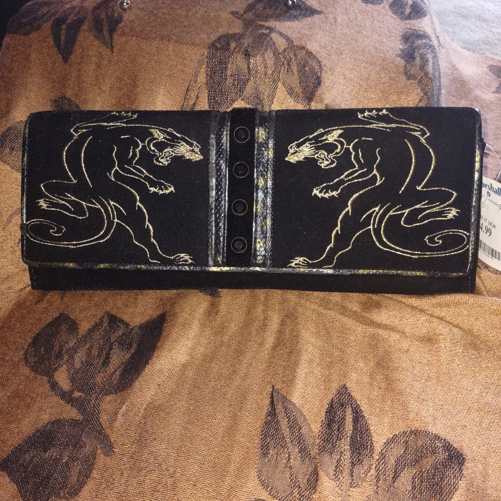 Christian Audigier Black Vintage Velvet Clutch Wallet